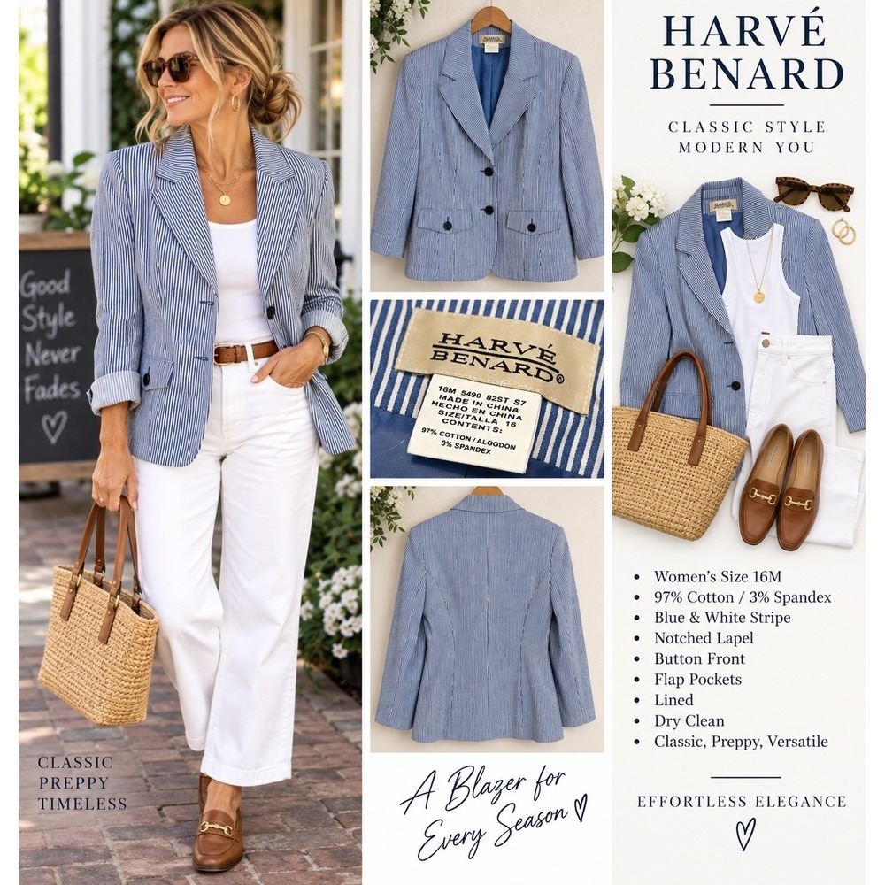 Harve Benard Womens 16 Blazer Blue White Stripe Cotton Seersucker Preppy Jacket